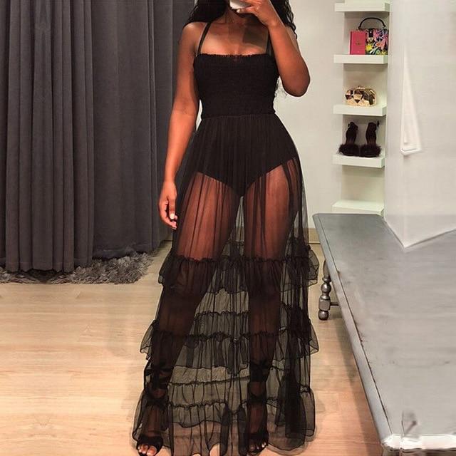 Black Sexy See Through Sheer Mesh Maxi Dress Women Sleeveless